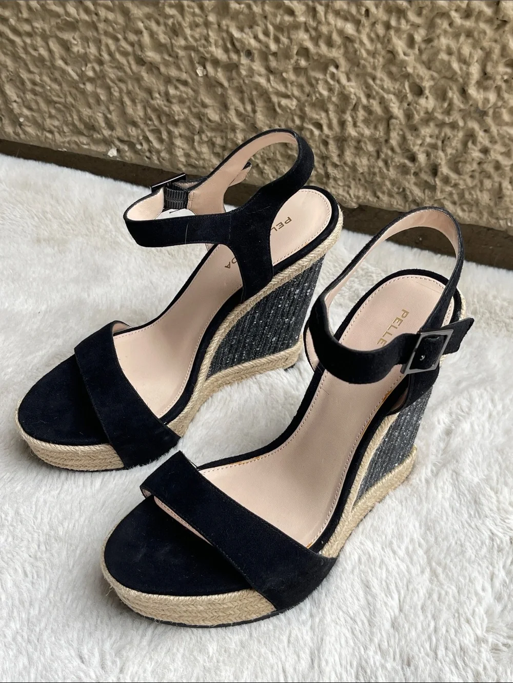 Pelle Moda Black Suede Espadrille Wedge Sandals in black Size 8